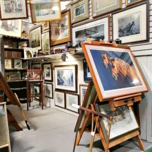 Diverse collection of framed art including horse portraits and landscape scenes displayed on easels and walls.
