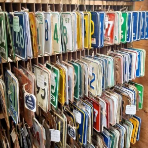 Large collection of vintage metal license plates from various years and Canadian provinces organized on a wooden display rack.