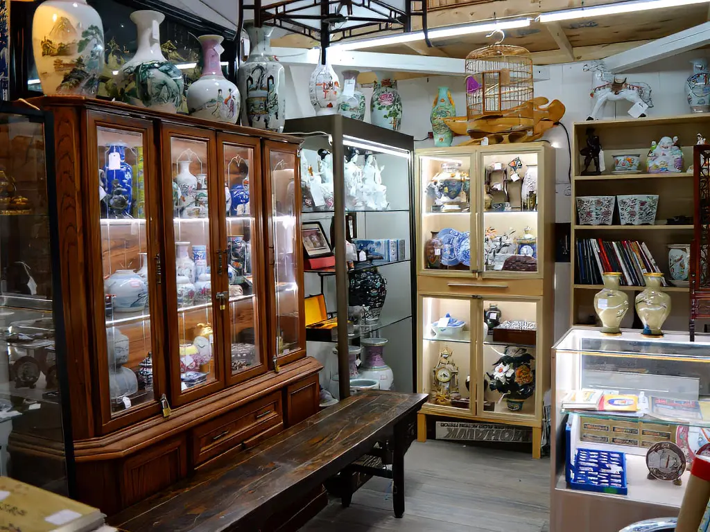 Asian antiques booth at Roadshow Antiques Mall with illuminated display cabinets filled with Chinese porcelain vases, blanc de chine figurines, and decorative ceramics, alongside a carved hardwood coffee table and vintage birdcage